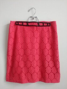 Ann Taylor Coral Pink Cotton Blend Lace Mini Pencil Skirt 8P Petite